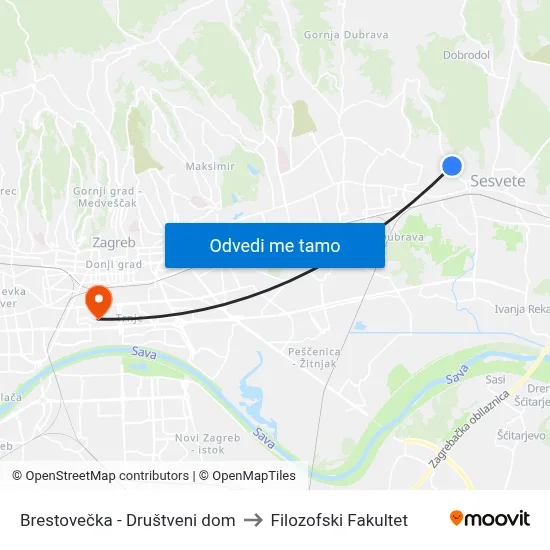 Brestovečka - Društveni dom to Filozofski Fakultet map