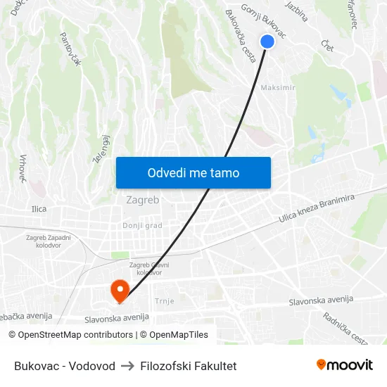 Bukovac - Vodovod to Filozofski Fakultet map