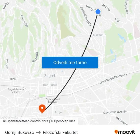 Gornji Bukovac to Filozofski Fakultet map