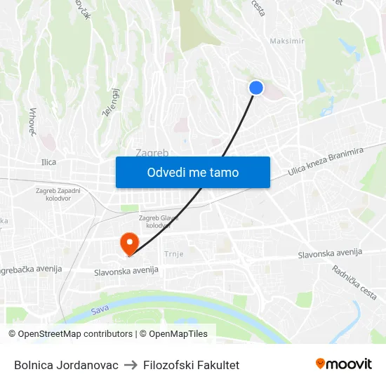 Bolnica Jordanovac to Filozofski Fakultet map