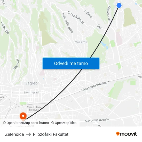 Zelenčica to Filozofski Fakultet map