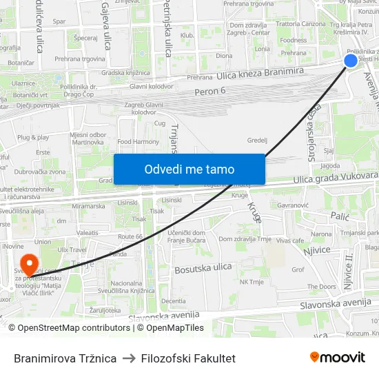 Branimirova Tržnica to Filozofski Fakultet map