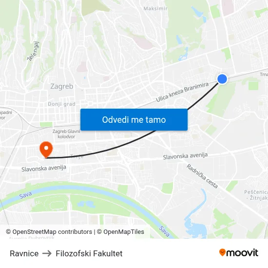 Ravnice to Filozofski Fakultet map