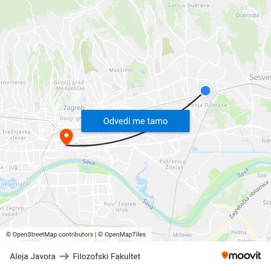 Aleja Javora to Filozofski Fakultet map