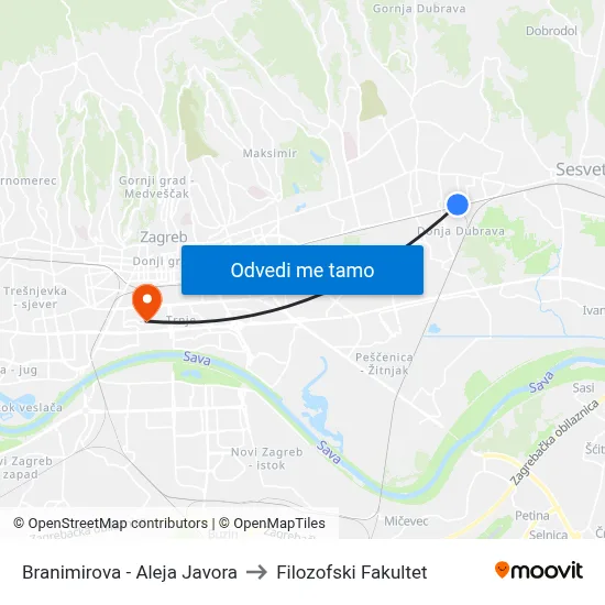 Branimirova - Aleja Javora to Filozofski Fakultet map