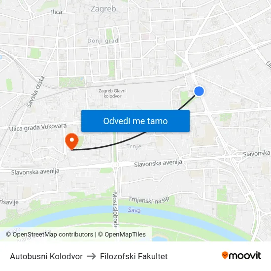 Autobusni Kolodvor to Filozofski Fakultet map