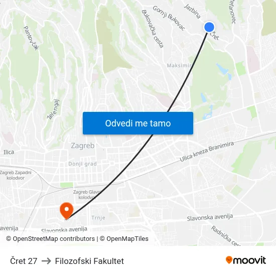 Čret 27 to Filozofski Fakultet map
