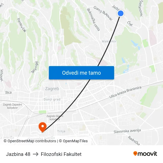 Jazbina 48 to Filozofski Fakultet map