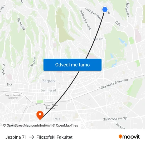 Jazbina 71 to Filozofski Fakultet map