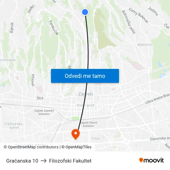Gračanska 10 to Filozofski Fakultet map