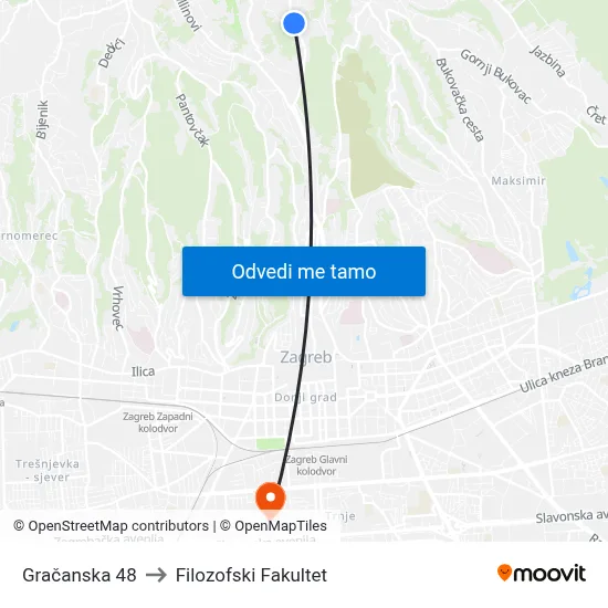 Gračanska 48 to Filozofski Fakultet map