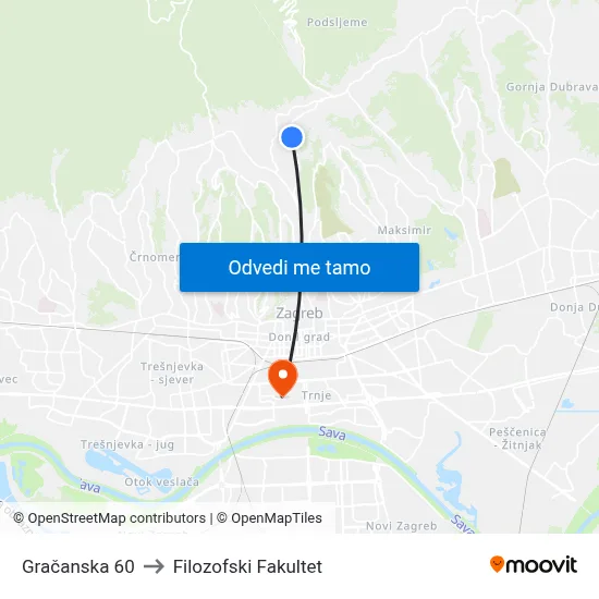 Gračanska 60 to Filozofski Fakultet map