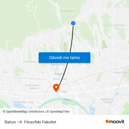 Bačun to Filozofski Fakultet map