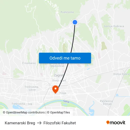Kamenarski Breg to Filozofski Fakultet map