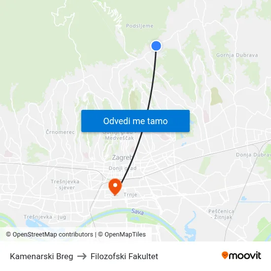 Kamenarski Breg to Filozofski Fakultet map