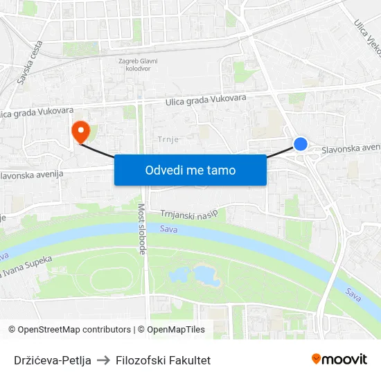 Držićeva-Petlja to Filozofski Fakultet map