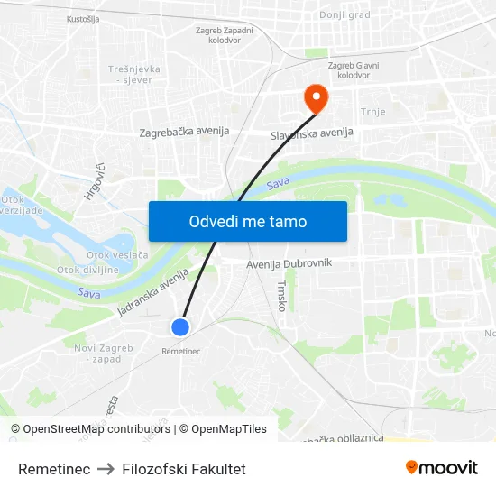 Remetinec to Filozofski Fakultet map