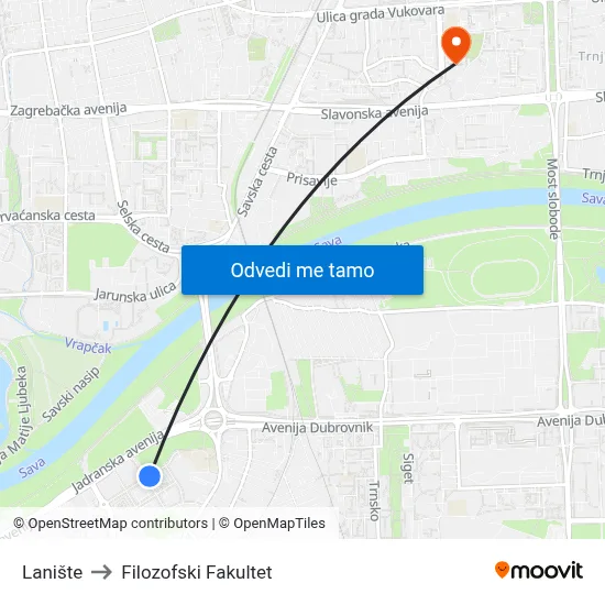 Lanište to Filozofski Fakultet map