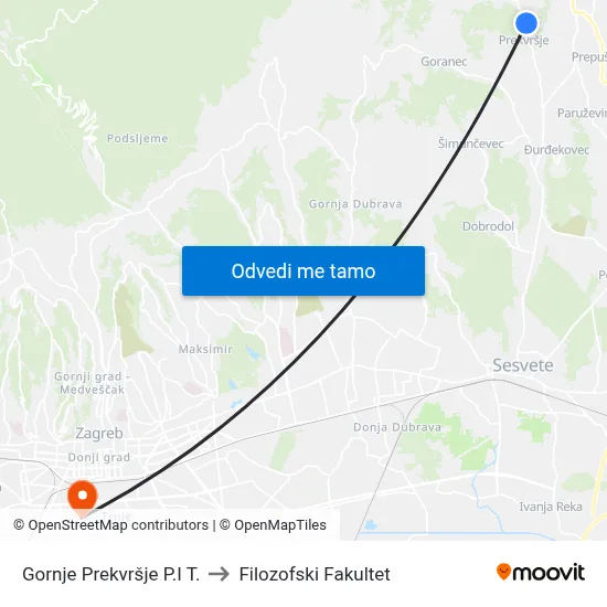 Gornje Prekvršje P.I T. to Filozofski Fakultet map