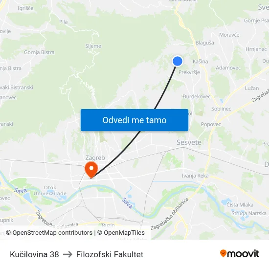 Kučilovina 38 to Filozofski Fakultet map