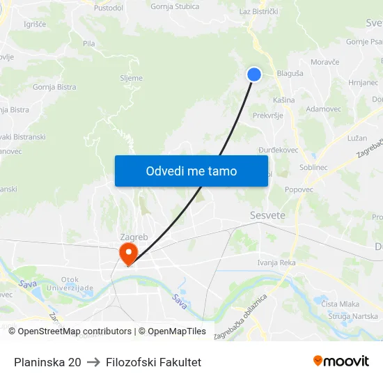 Planinska 20 to Filozofski Fakultet map