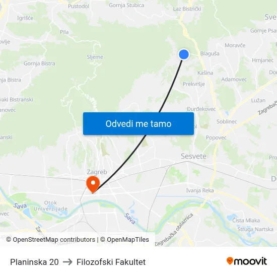 Planinska 20 to Filozofski Fakultet map