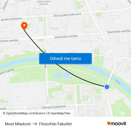 Most Mladosti to Filozofski Fakultet map