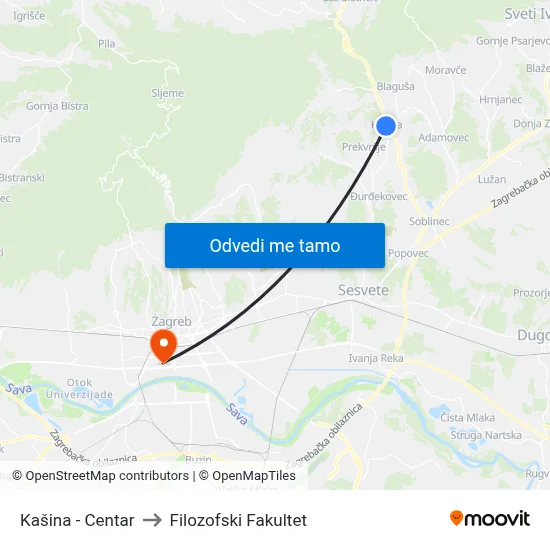 Kašina - Centar to Filozofski Fakultet map