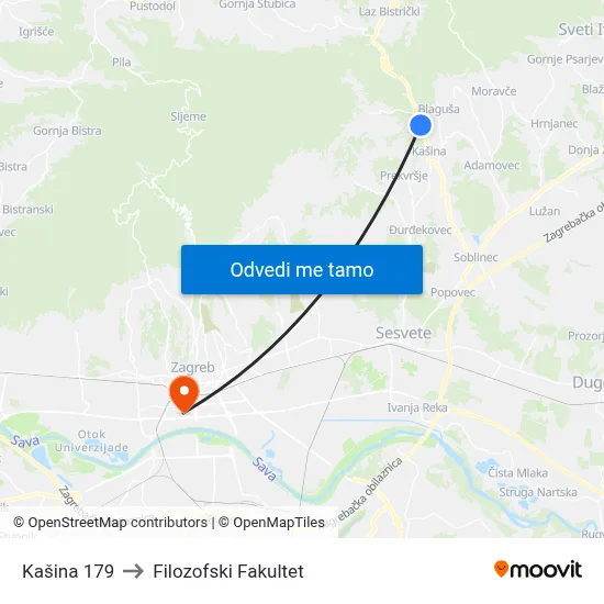 Kašina 179 to Filozofski Fakultet map