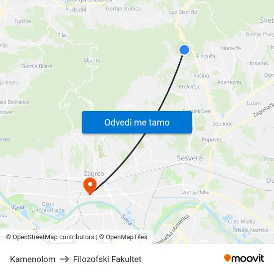 Kamenolom to Filozofski Fakultet map