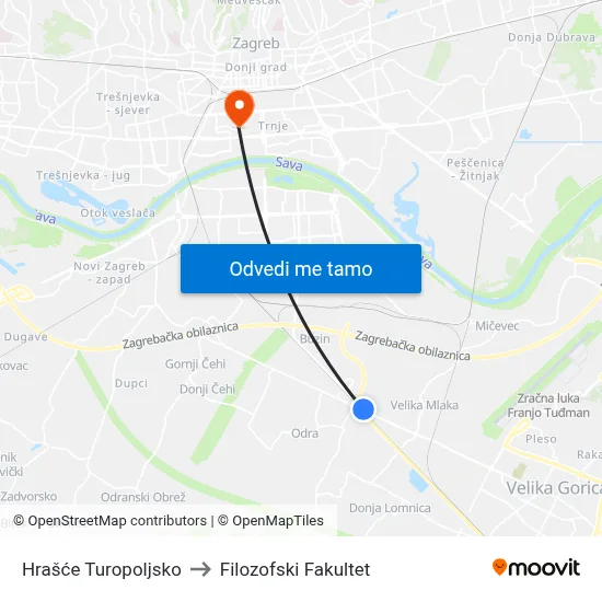 Hrašće Turopoljsko to Filozofski Fakultet map