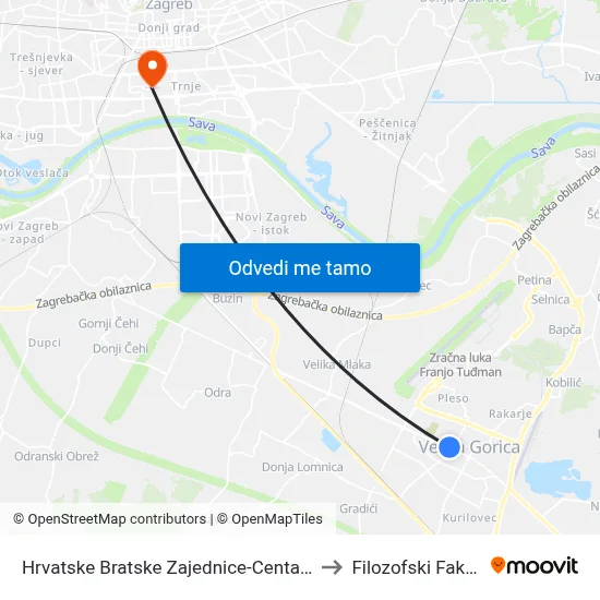 Hrvatske Bratske Zajednice-Centar-Škola to Filozofski Fakultet map