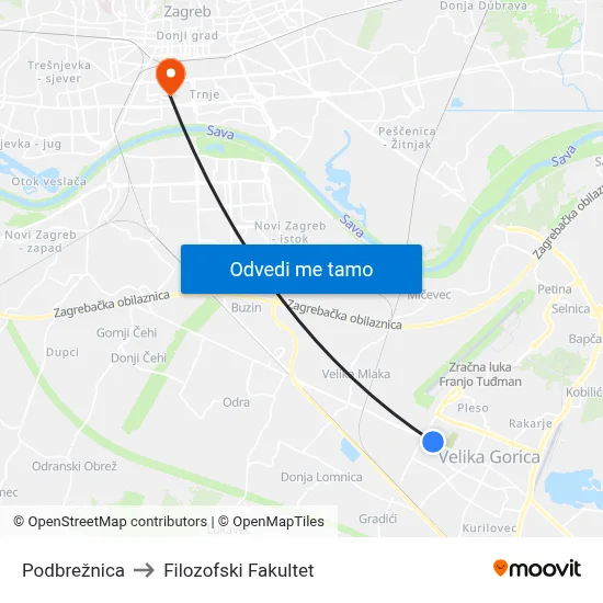 Podbrežnica to Filozofski Fakultet map