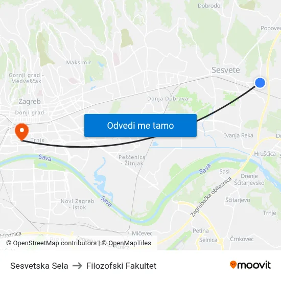 Sesvetska Sela to Filozofski Fakultet map
