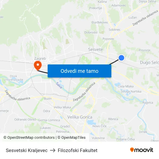 Sesvetski Kraljevec to Filozofski Fakultet map