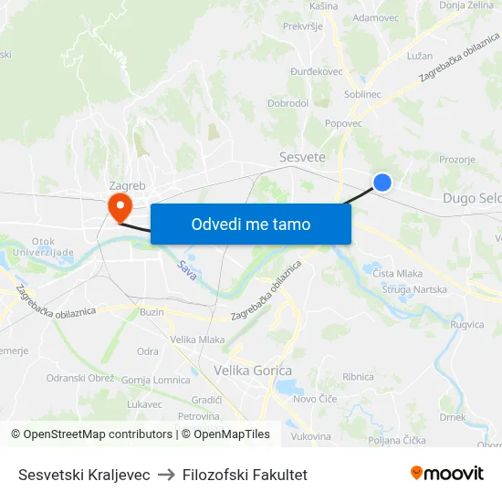 Sesvetski Kraljevec to Filozofski Fakultet map