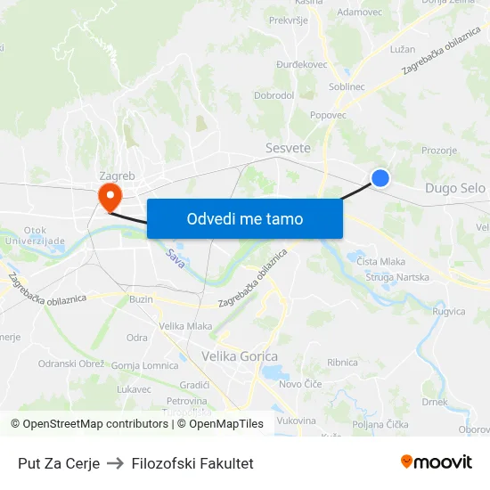 Put Za Cerje to Filozofski Fakultet map