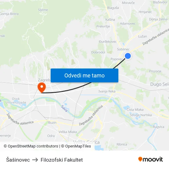 Šašinovec to Filozofski Fakultet map