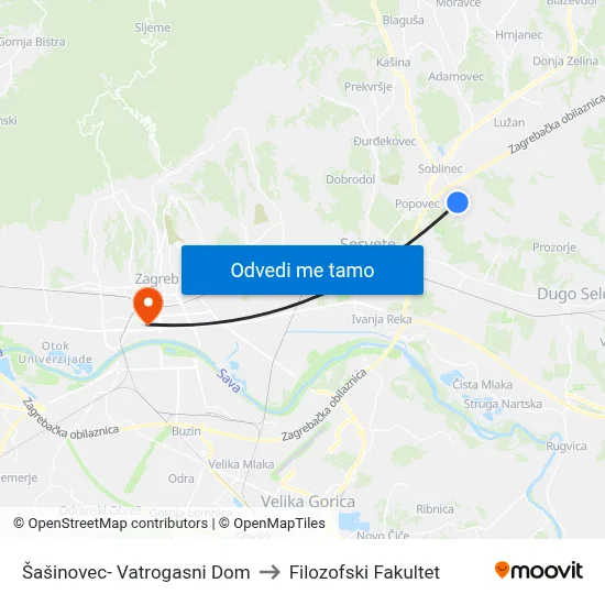 Šašinovec- Vatrogasni Dom to Filozofski Fakultet map