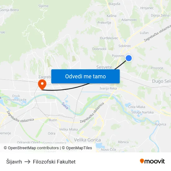 Šijavrh to Filozofski Fakultet map