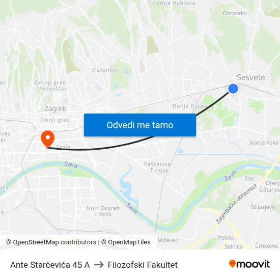 Ante Starčevića 45 A to Filozofski Fakultet map