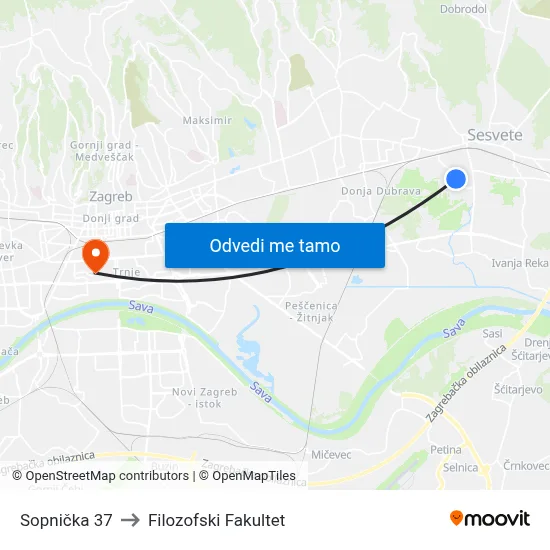 Sopnička 37 to Filozofski Fakultet map