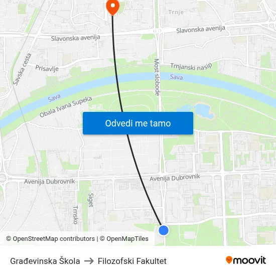 Građevinska Škola to Filozofski Fakultet map