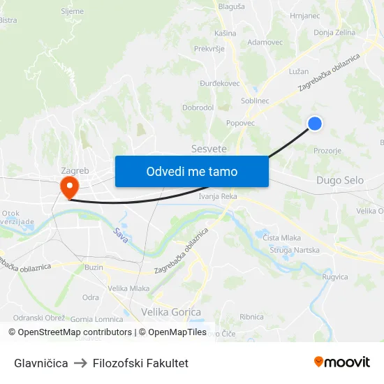 Glavničica to Filozofski Fakultet map
