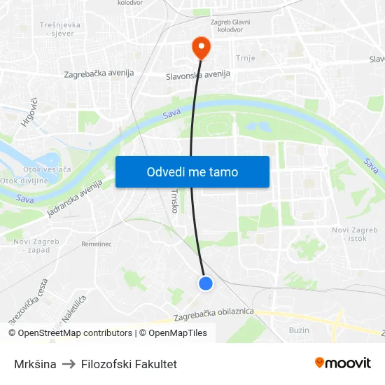 Mrkšina to Filozofski Fakultet map