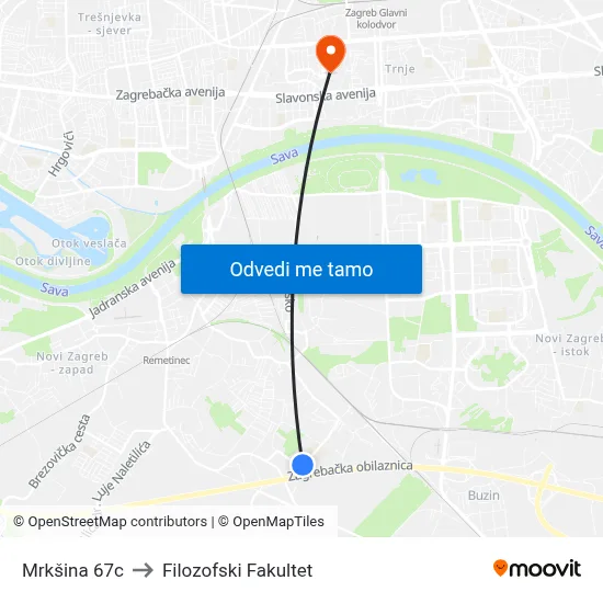 Mrkšina 67c to Filozofski Fakultet map
