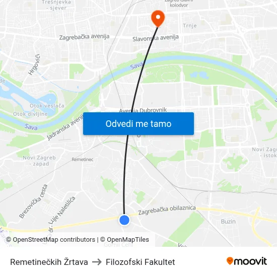 Remetinečkih Žrtava to Filozofski Fakultet map