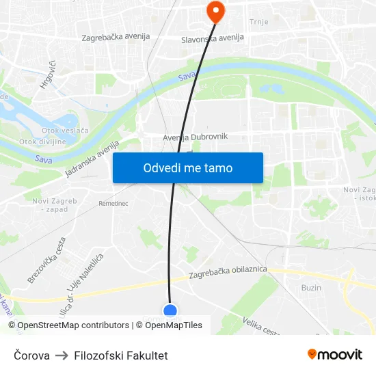 Čorova to Filozofski Fakultet map