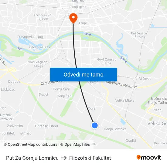 Put Za Gornju Lomnicu to Filozofski Fakultet map