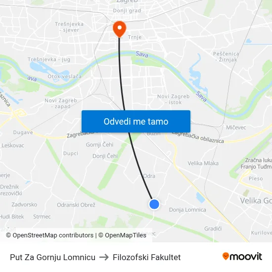 Put Za Gornju Lomnicu to Filozofski Fakultet map